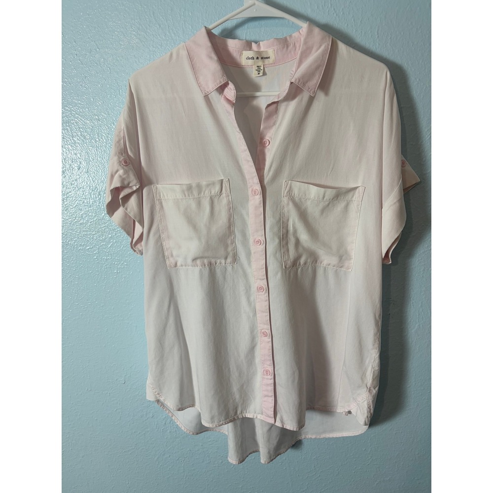 Cloth & Stone Anthropologie Pink White Tencel Button Up Shirt M Coastal Utility
